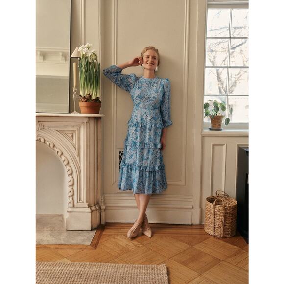 HYACINTH HOUSE Blue Multi Abstract Floral Rosalind Ruffle Midi Dress Size M NWT - Picture 9 of 10